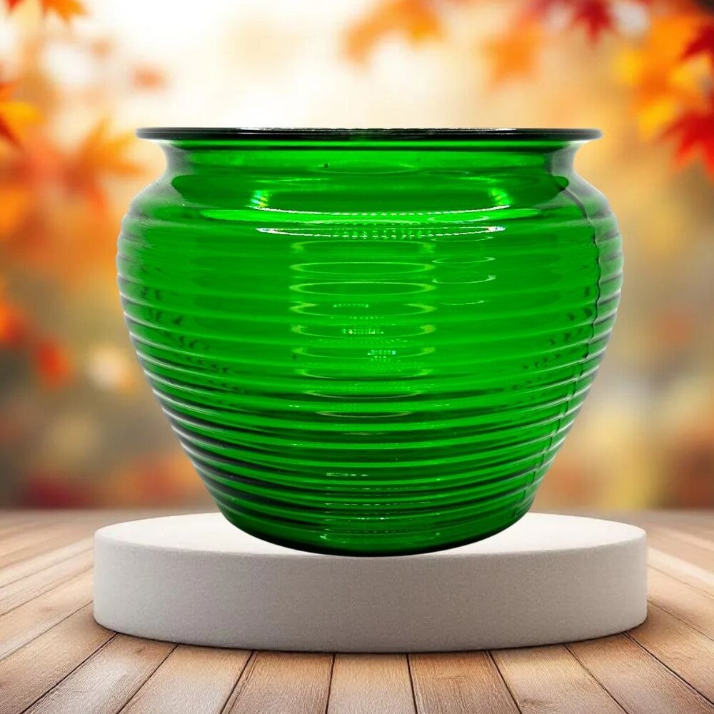 National Potteries Vintage Green Ribbed Glass Vase 7" Decorative Accent